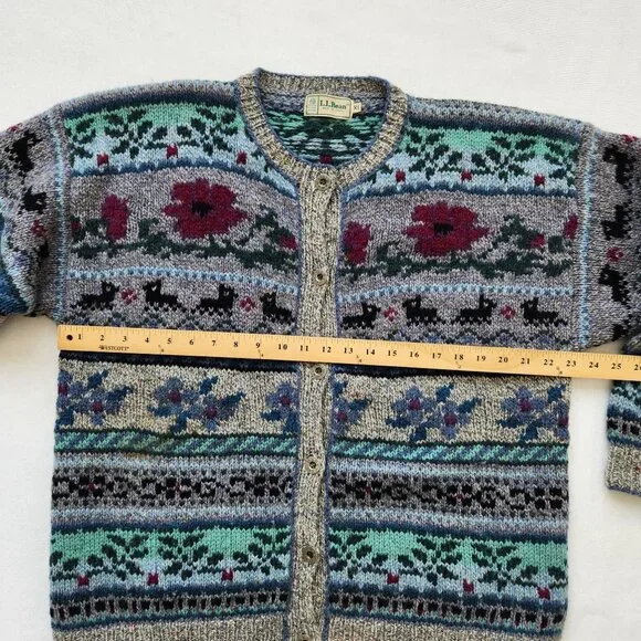 Vintage L.L. Bean Pure Wool Cardigan Sweater Floral Fair Isle Cottagecore Cabin - Picture 12 of 13